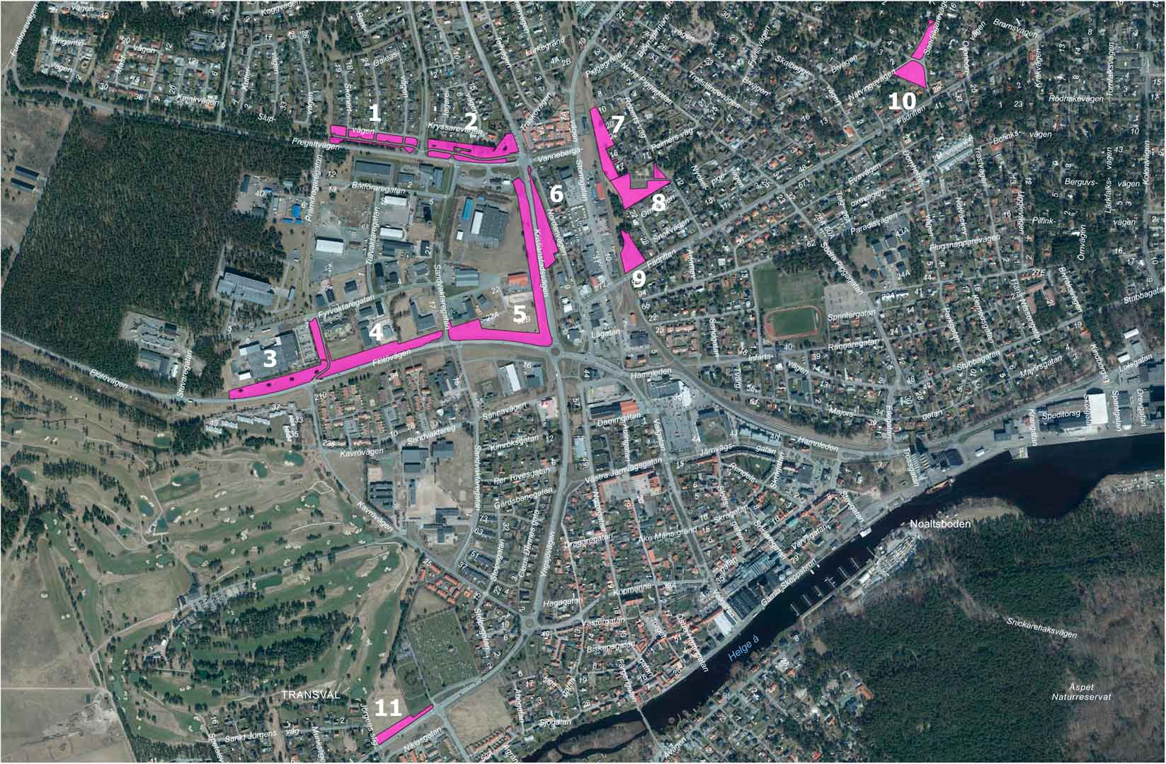 Karta över Åhus där ytor som sköts med slåtter och plöjning är markerade i rosa.