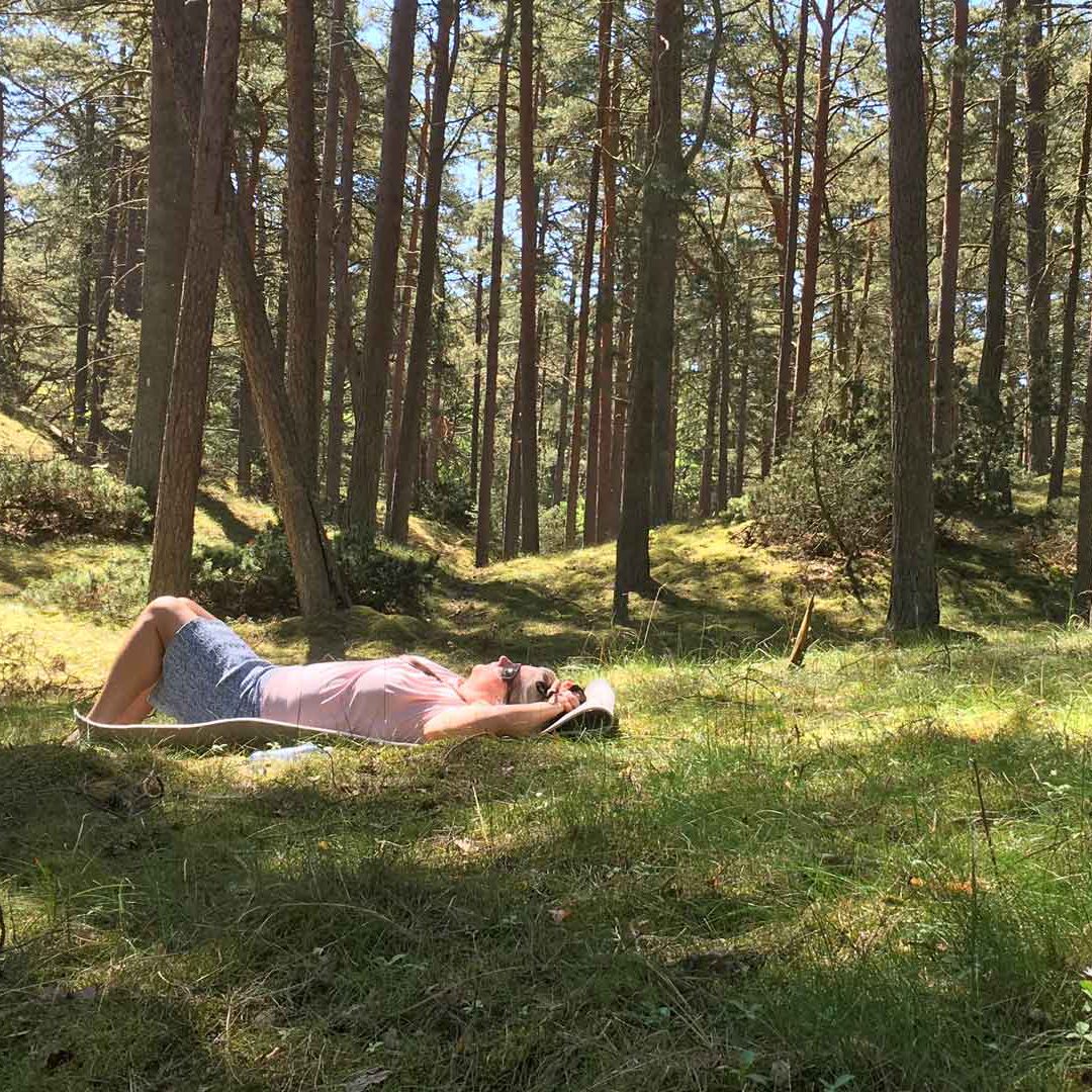 Kvinna ligger i gräset i Äspets tallskog.