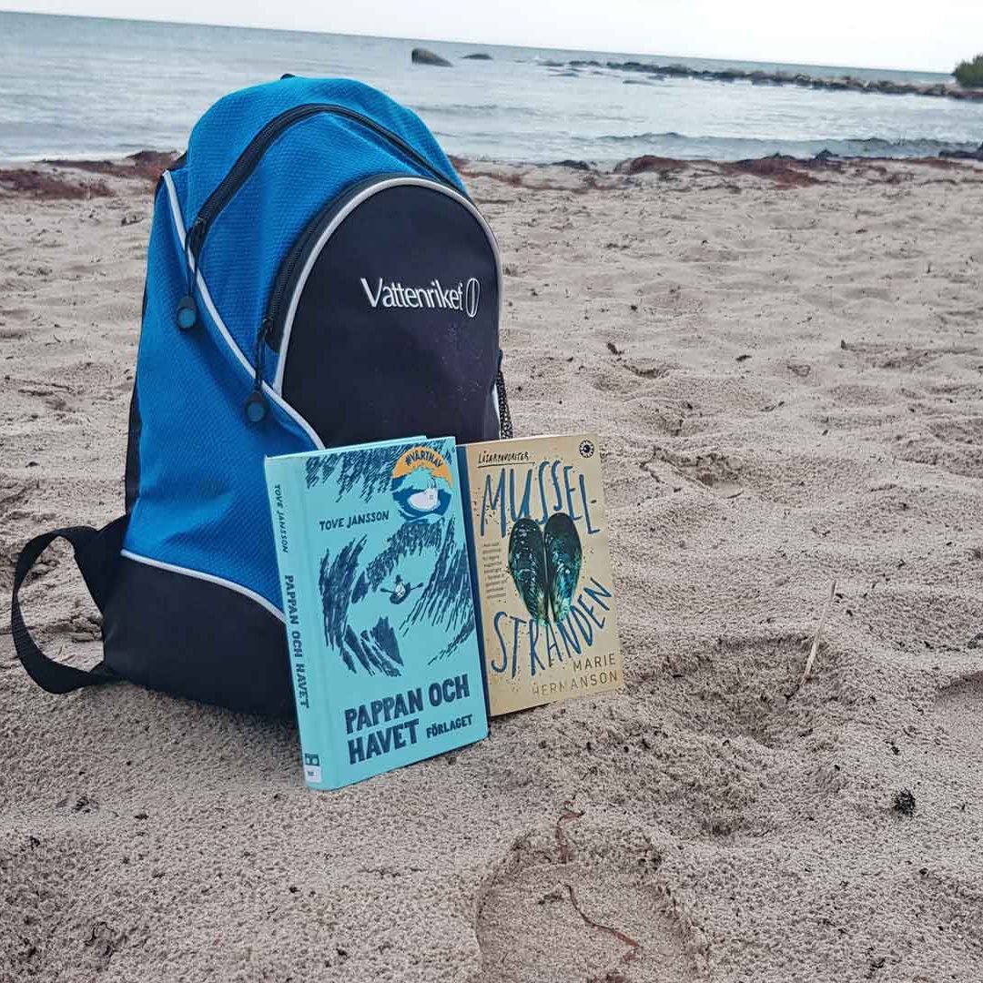 Ryggsäck och två böcker på stranden. Litterär strandvandring
