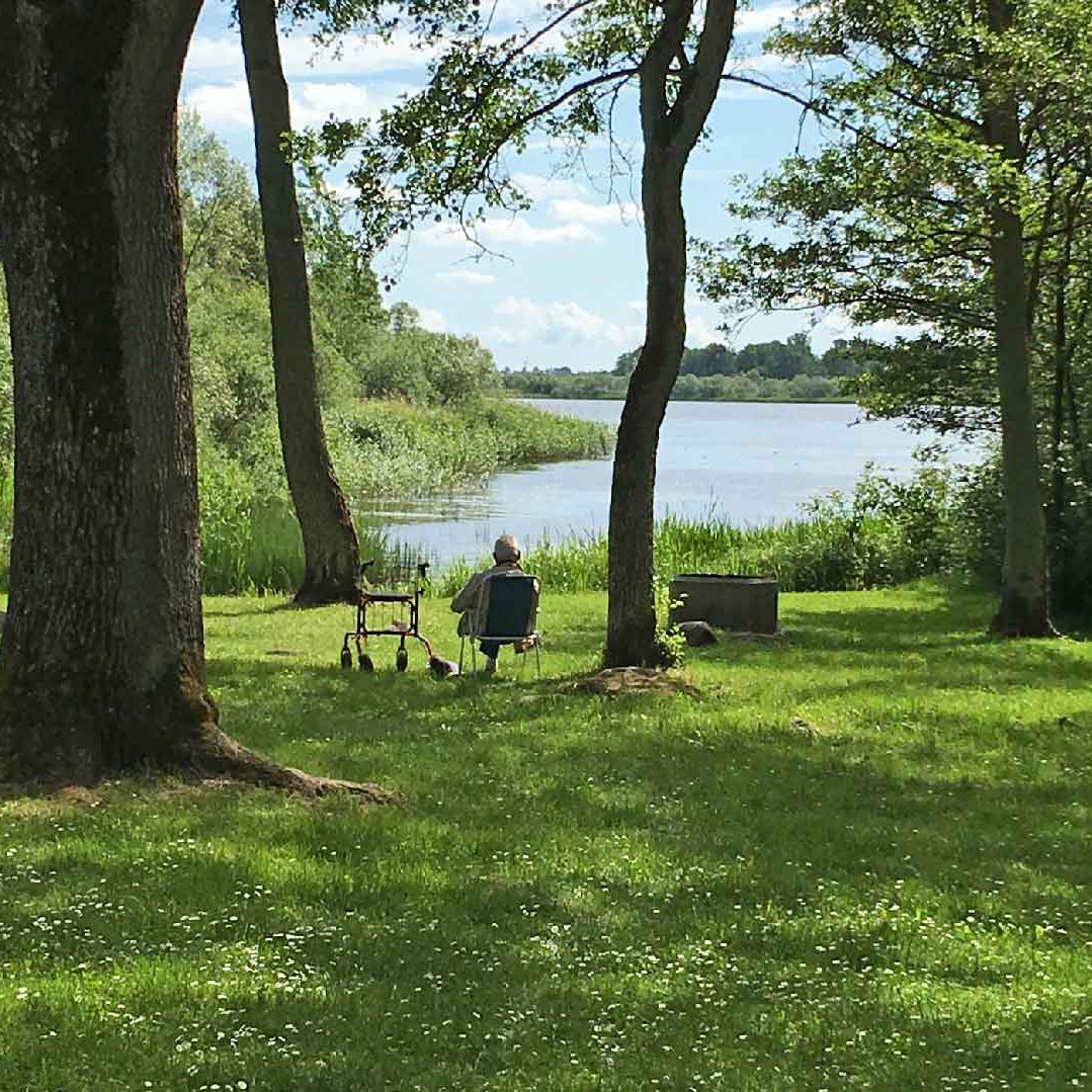 ekenabben_rollator_KM En person sitter bredvid sin rollator i skuggan av träden på Ekenabben och tittar ut över Hammarsjön. Foto Karin Magntorn