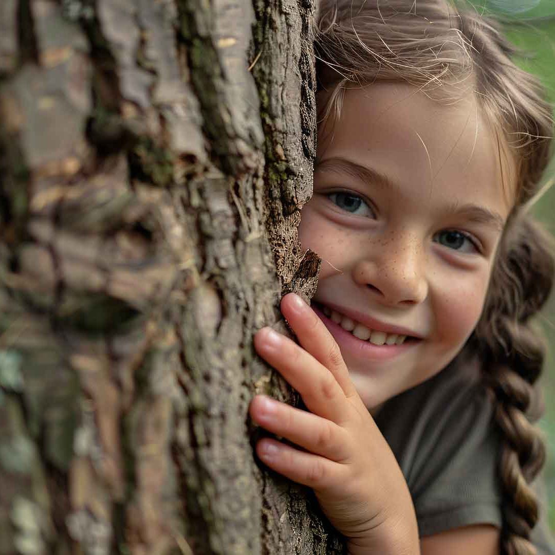 En flicka med fälor kikar fram bakom en trädstam