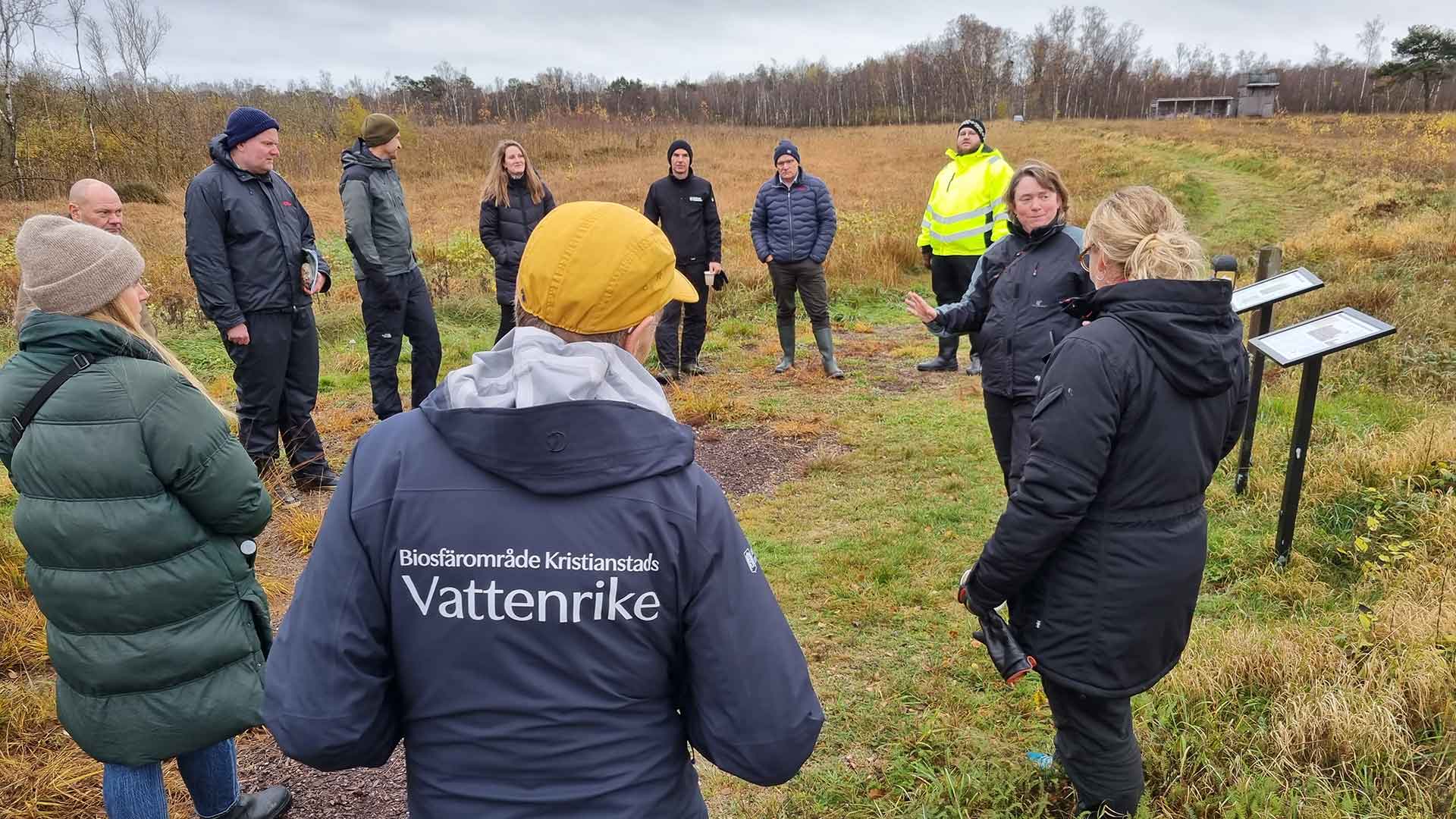 En grupp människor är på en mosse och pratar med varandra.