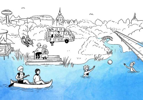 Illustrerad bild av en framtidsvision av Kristianstad. Illustration Big brain Agency