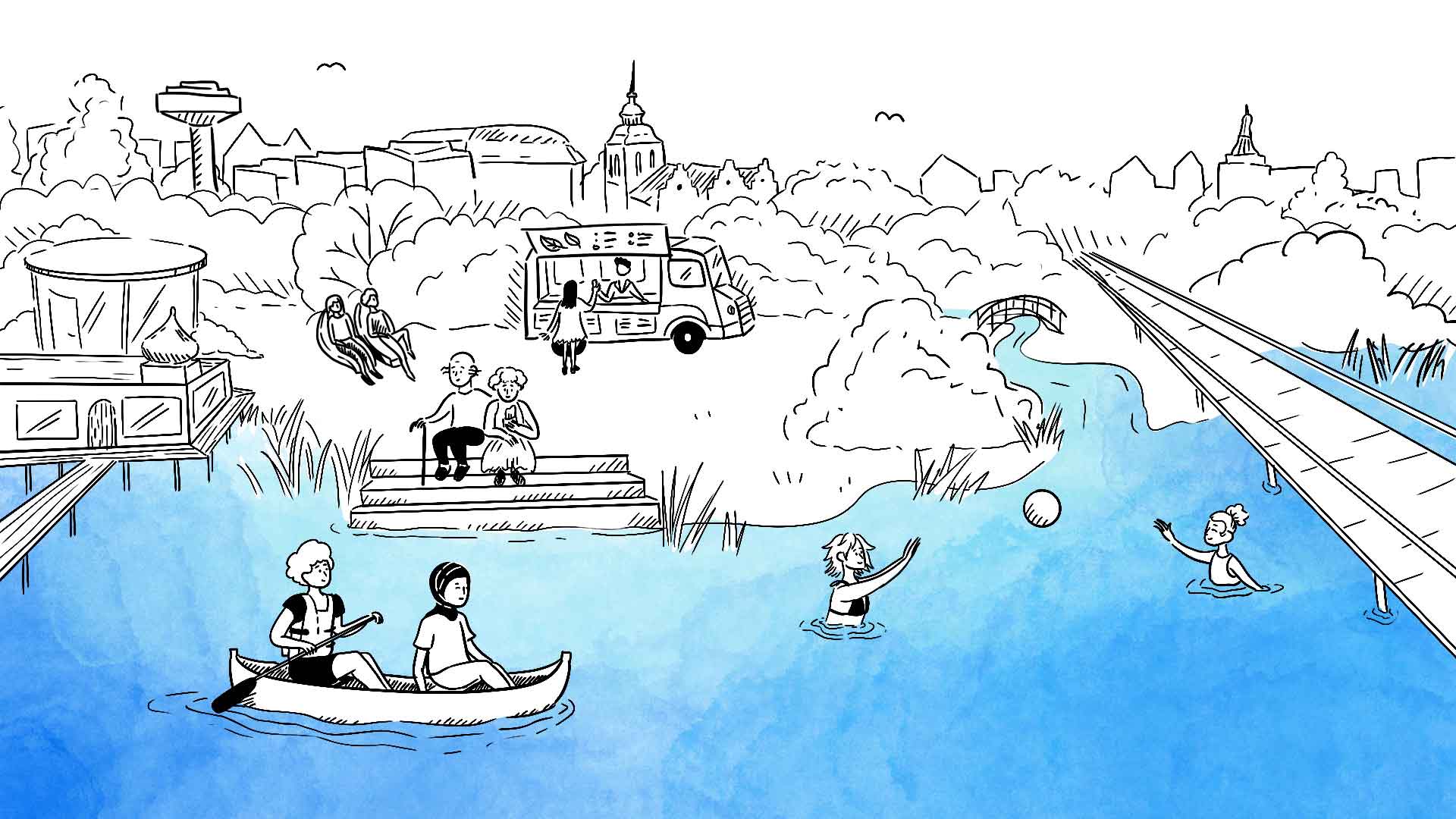 Illustrerad bild av en framtidsvision av Kristianstad. Illustration Big brain Agency